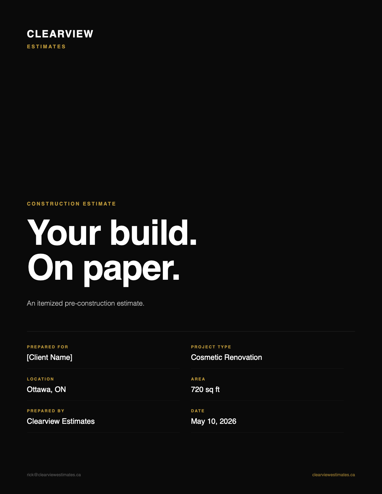 Cover page: 'Your build. On paper.' — itemized pre-construction estimate