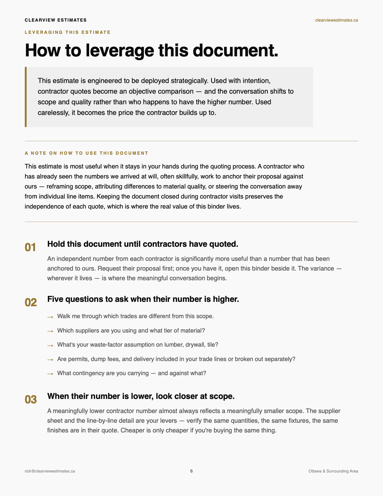 How to leverage this document — strategic notes for using the estimate when contractors quote